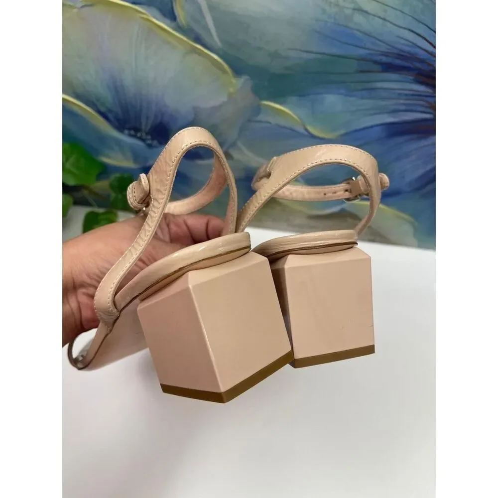 AGL Nude Patent Leather Square Toe Block Heel Sandals Size 39 / US 9